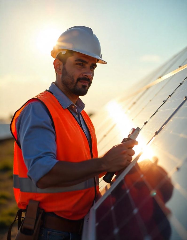 Elektrikář v oranžové vestě a bílé přílbě kontroluje solární panel při západu slunce.